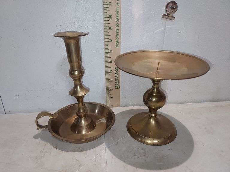 Brass Finger Lamp 8" Haas Damage And Brass Candle Holder 6"X6.5"