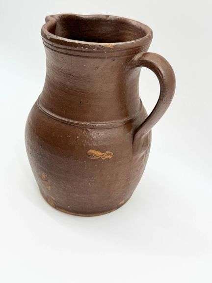 Brown Glazed Ceramic Pitcher and Matching Cylindrical Crock