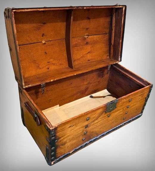 Wooden Steamer Trunk With Domed Lid and Iron Hardware