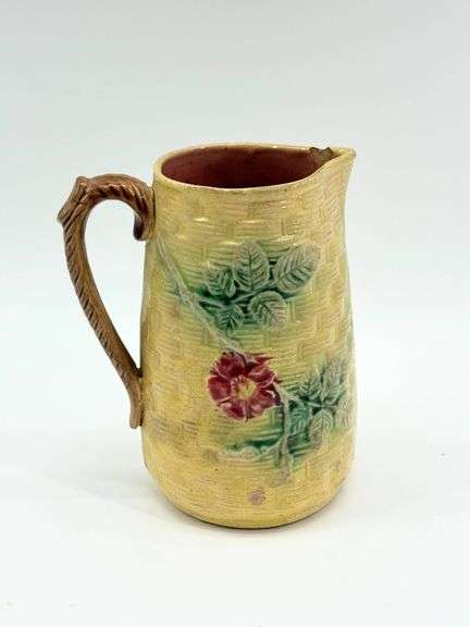Antique Majolica Basketweave Dogwood Pottery Pitcher