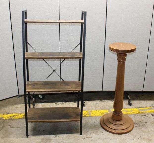Metal and Wood Shelf Unit With Four Shelves and Wooden Plant Stand