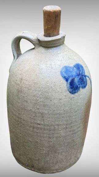 Stoneware Jug with Handle, Blue Floral Decoration, and Wooden Stopper