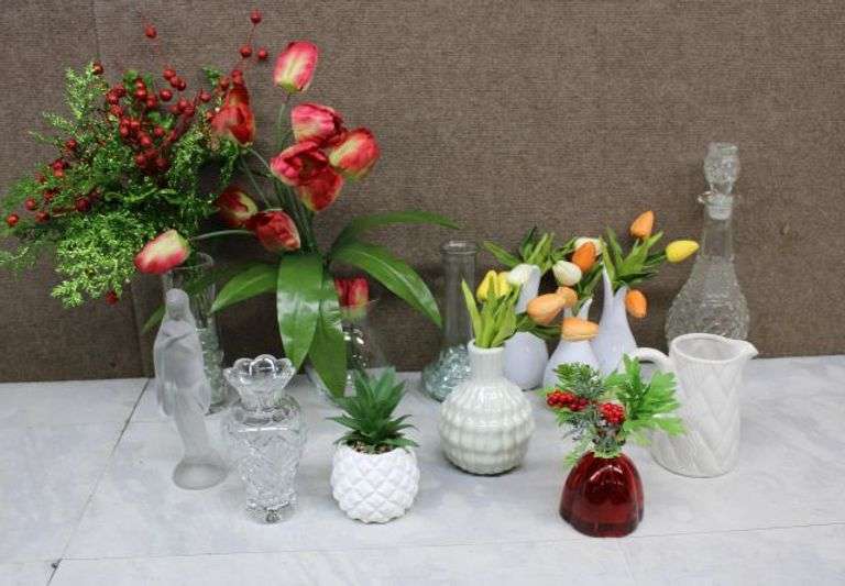 Decorative Glass and Ceramic Vases with Faux Floral Arrangements