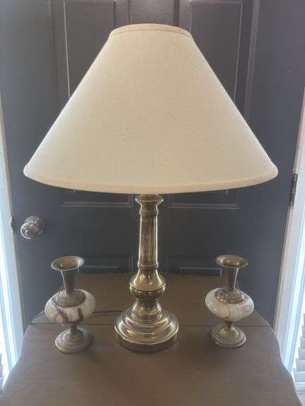 Vintage Brass lamp w/ 2 Brass/Marble Candle Holders