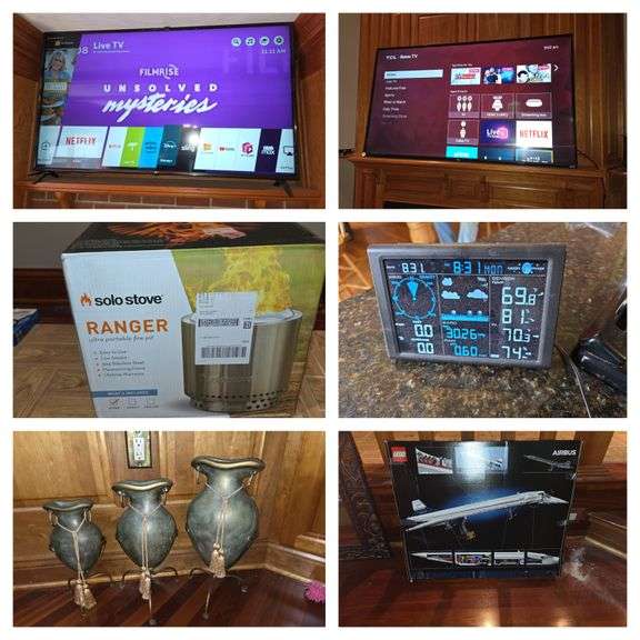 Large TV, Antique items, Beer Steins, Table and Chairs, Outdoor furniture, Lego Airplane and Lighthouse, Bowflex machines