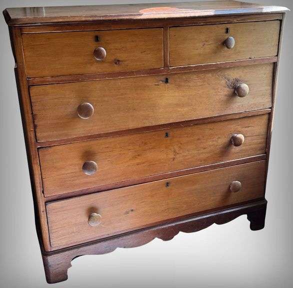 1800’s Five-Drawer Wooden Buffet/Dresser with Keyholes and Scalloped Apron