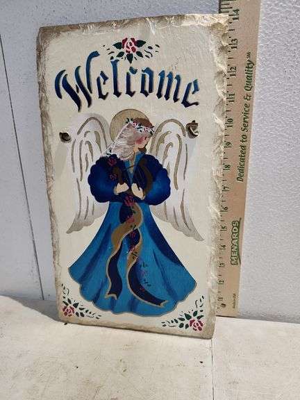 Hand Painted Welcome Angel On Slate 14''X8''