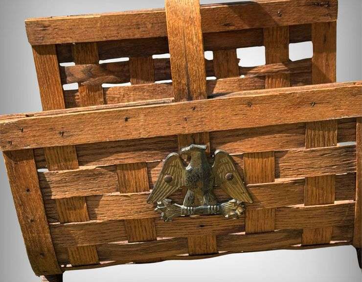 Vintage Wooden Woven Magazine Rack with Brass Eagle Embellishment