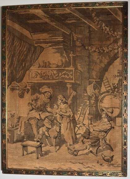 Vintage Tapestry, Victorian Era Gentlemen Talking to Female Musician in a Tavern ￼