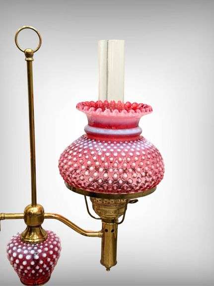 Beautiful Fenton Cranberry Opalescent Hobnail Student Lamp