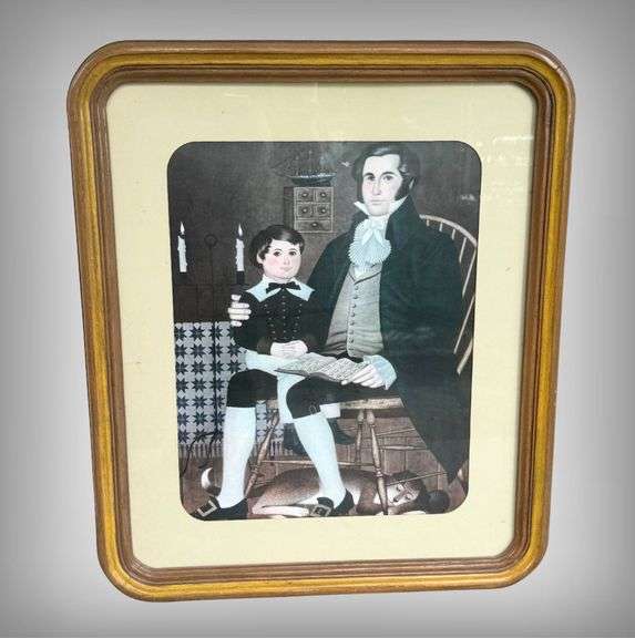 Vintage LARGE Framed Portrait of Gentleman and Child with Wooden Frame