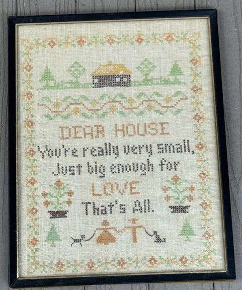 Antique Framed Cross-Stitch Artwork With ‘Dear House’ Quote
