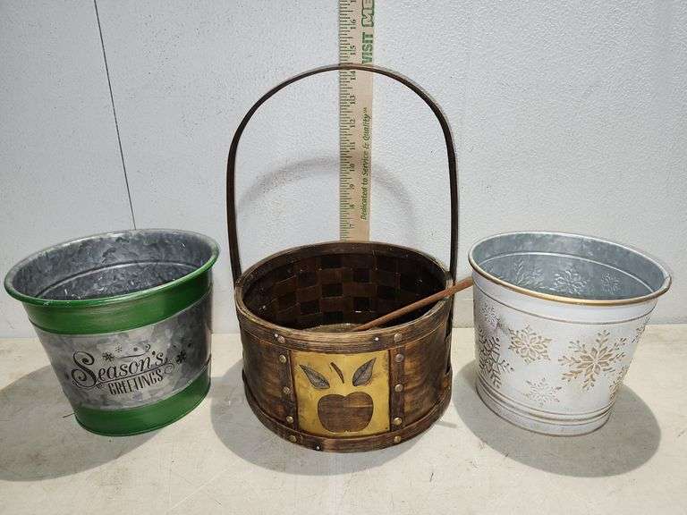 2 Tin Buckets & Wood Basket 13''X 9''X9.25''