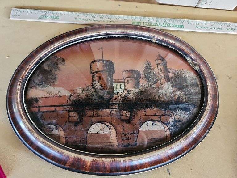 Reverse Painting On Bubble Glass Frame Has Damage 22.5" X 16.5"