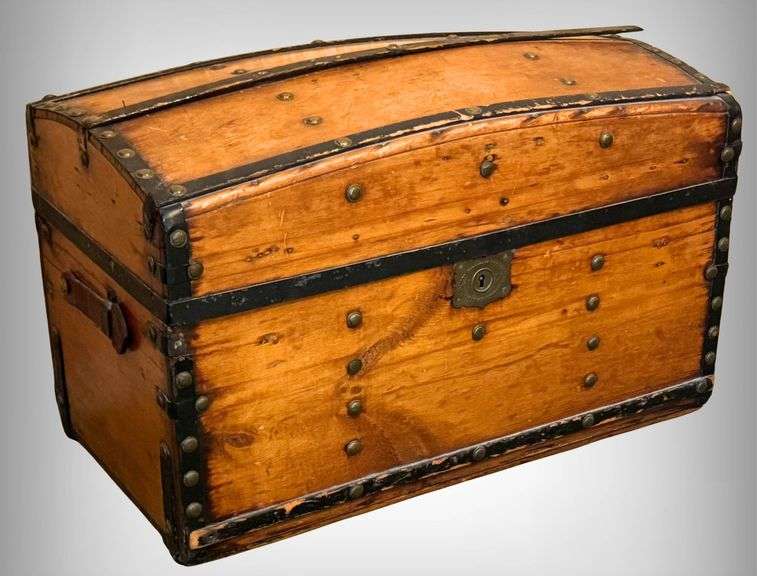 Wooden Steamer Trunk With Domed Lid and Iron Hardware