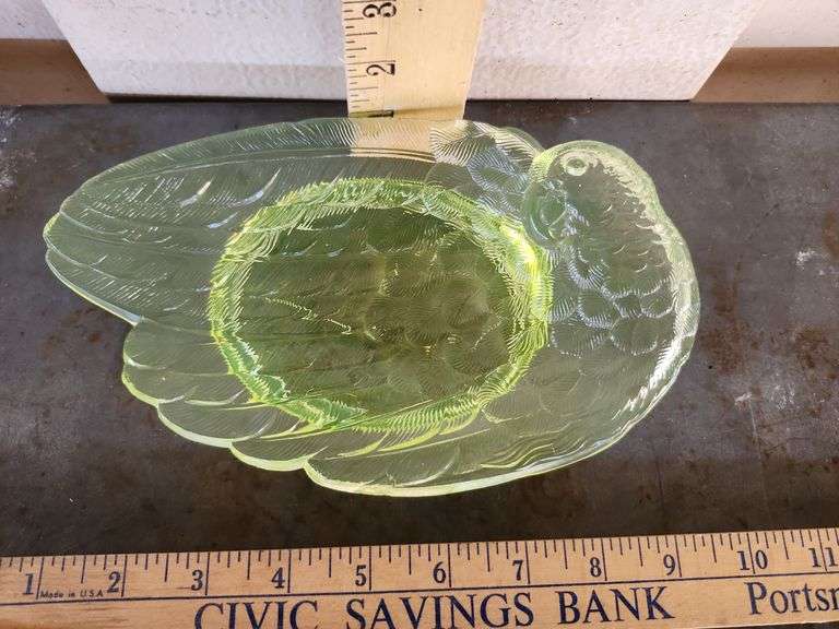Yellow Uranium Glass Parrot Dish 9"X 5"X1"