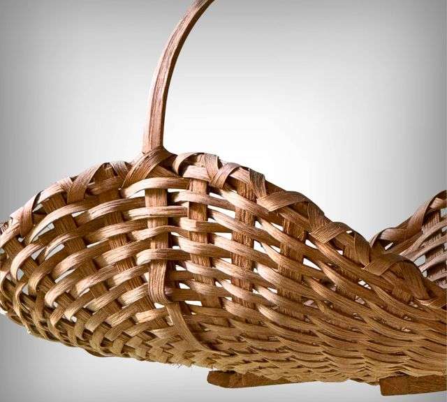 Vintage Handwoven Split Wood Basket With Arched Handle