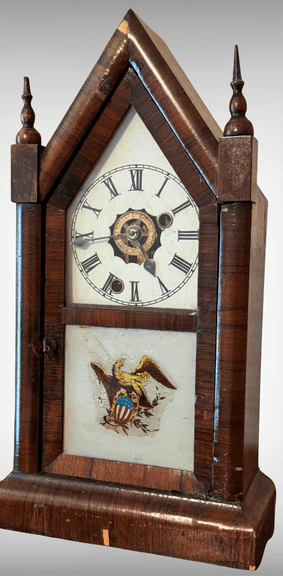 Antique Ansonia Wooden Shelf Clock With Reverse Painted Glass Panel