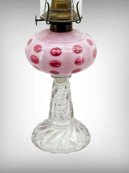Victorian Style Cranberry Coindot Glass Oil Lamp with Clear Glass Base