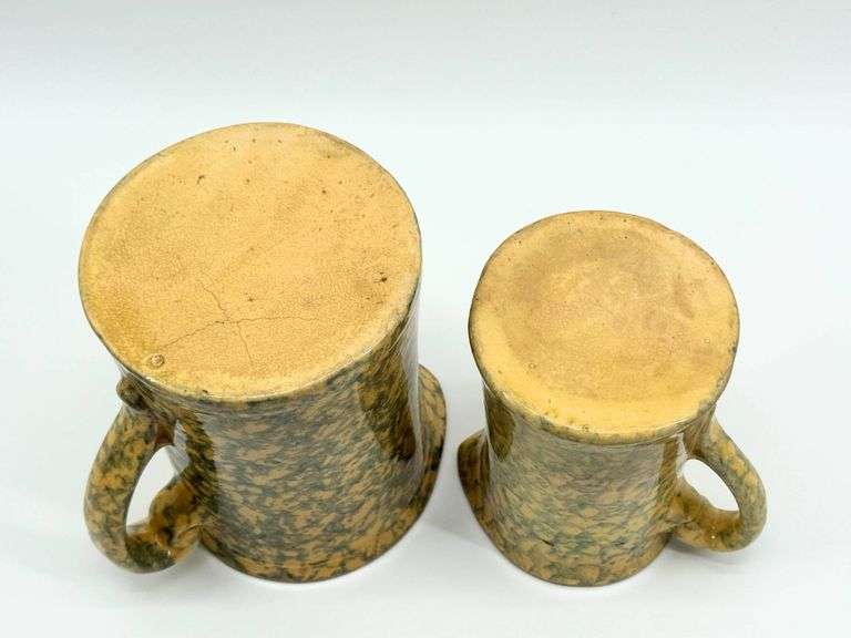 Antique Yellowware Pitchers with Blue Spongeware