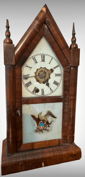 Antique Ansonia Wooden Shelf Clock With Reverse Painted Glass Panel
