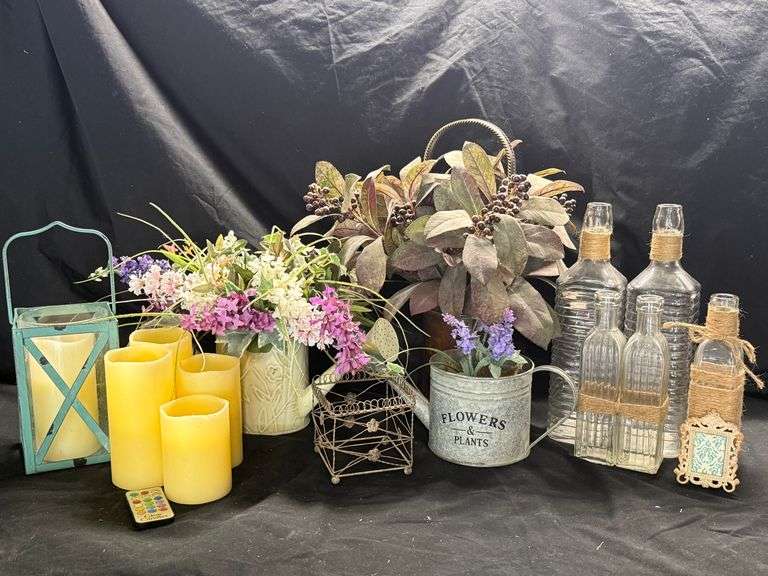 Collection of Home Decor With Watering Can of Flowers and Battery Operated Candles And More!