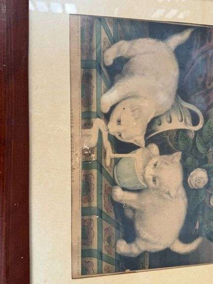 Adorable Original Currier and Ives Framed Victorian-Style Print of Kittens With Milk