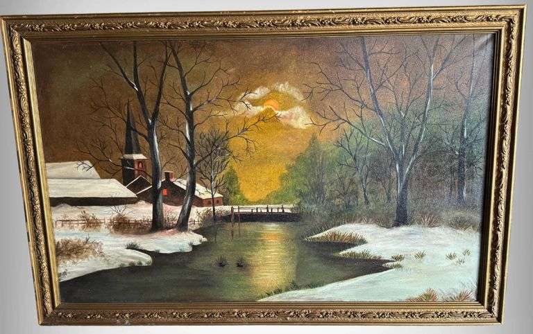 Large Vintage Framed Winter Landscape Original Oil Painting with Gold Ornate Frame