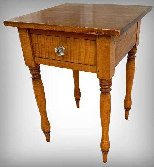 Antique 19th Century Turned Legged Tiger Maple Side Table