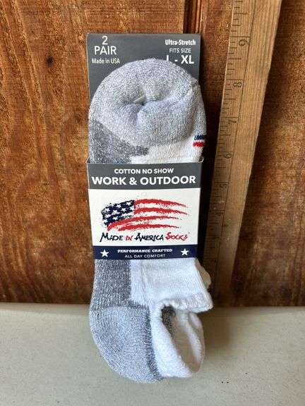 2 Pair L/XL Made In America Cotton No Show Work & Outdoor Ultra Stretch Socks