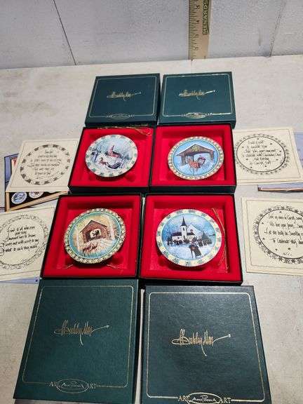 4 Anna-Perenna Porcelain Ornaments Christmas Card, Winter At Merry Bottom Bridge, The Bridge At Long