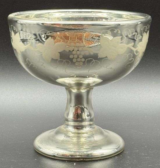 Etched Mercury Glass Compote With Grape and Vine Motif