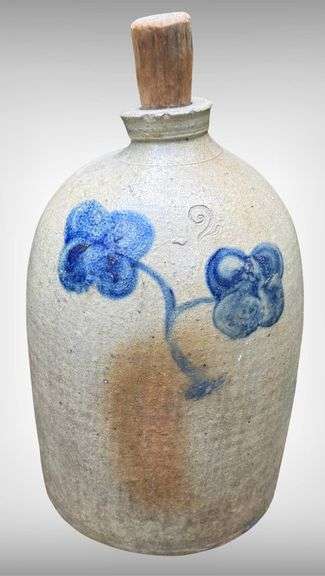 Stoneware Jug with Handle, Blue Floral Decoration, and Wooden Stopper