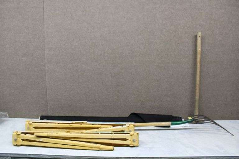 Crawford Adjustable Sawhorse, Pitchfork, Sledgehammer, and Roll of Black Fabric