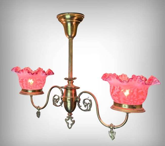 Stunning Antique Brass Two-Arm Gas Pendant Chandelier/ Fenton Cranberry Opalescent Daisy and Fern Gl