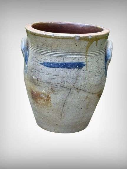 Stoneware Crock with Handles and Blue Decoration