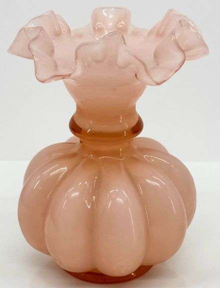 Vintage Fenton Melon Glass Ruffle Top Pitcher and Vase in Rose Overlay