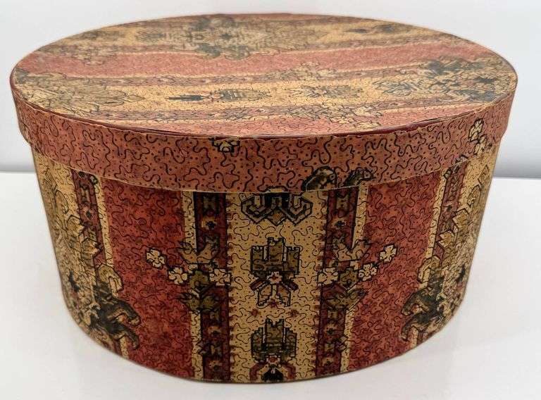 Antique LARGE Floral Wallpaper Band Decorative Box with Lid and