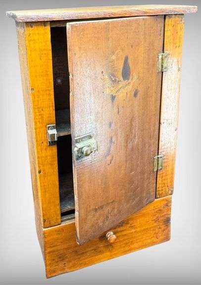 1850’s Antique Wooden Wall Cabinet with Locking Mechanism and Single Drawer