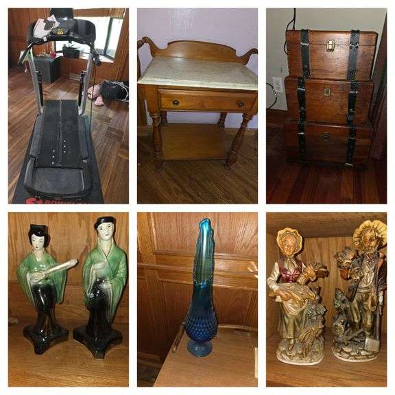 Large TV, Antique items, Beer Steins, Table and Chairs, Outdoor furniture, Lego Airplane and Lighthouse, Bowflex machines