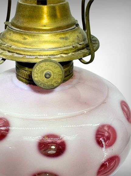 Victorian Style Cranberry Coindot Glass Oil Lamp with Clear Glass Base