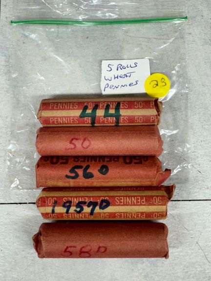 Five Rolls of Wheat Pennies in Paper Wrappers