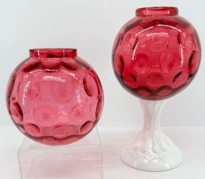 Vintage Fenton Cranberry Coin Dot Ivy Ball Vases