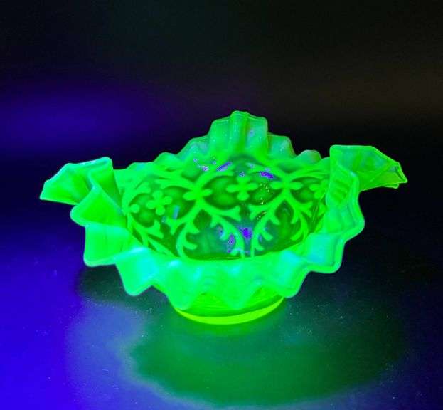 Vaseline Glass Ruffled Bowl with Floral Pattern