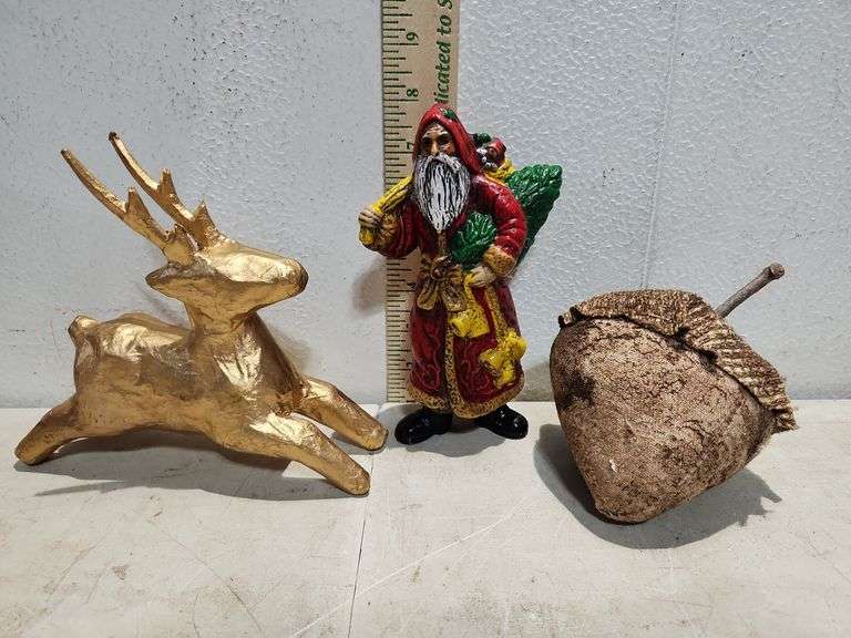 7'' Plastic Santa Ornament, Stuffed Acorn, & Plastic Reindeer