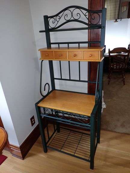 Wood & Steel Bakers Rack with Apothecary Wood Drawers on top and 5 wine bottle Storage