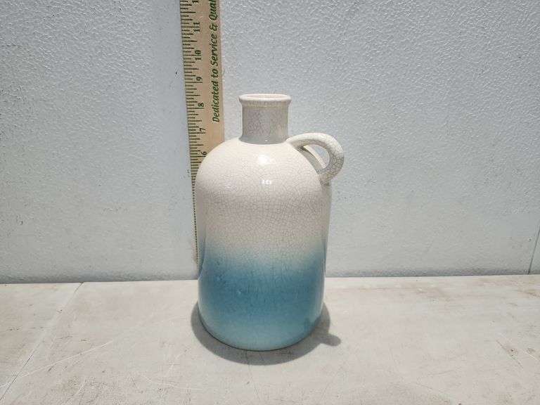 Blue Fade To White Pottery Jug 9" Tall