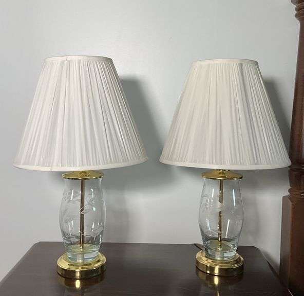 Two Glass Lamps with White Lamp Shades