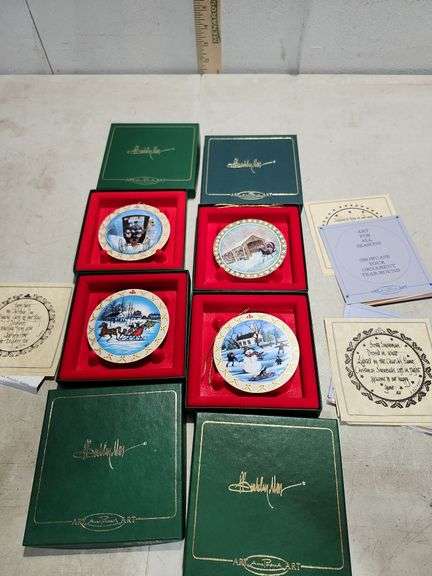 4 Anna-Perenna Porcelain Ornaments Frosty Snowman, Country Ride, The Sleigh Ride All Have Certificat