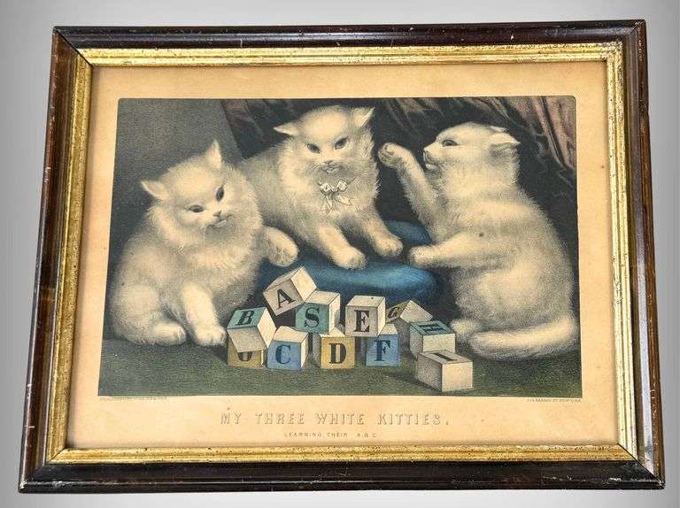 Adorable 19th Century Framed Lithograph ‘Three White Kitties Learning Their ABC’ by Currier & Ives